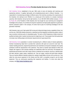 H&A Industries, Surrey Provides Quality Services to the Clients