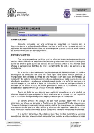 UCSP. Informe nº2012/048. Verificación de alarmas en vías públicas