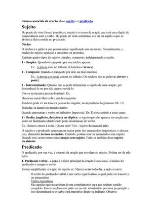 termos essenciais da oração são o sujeito e o predicado