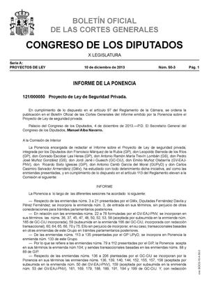 INFORME DE LA PONENCIA 121/000050 Proyecto de Ley de Seguridad Privada. 