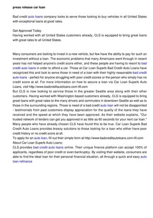 	 Press Release - Car Loan Superb Now Offering Fast Bad Credit Auto Loans in all United States