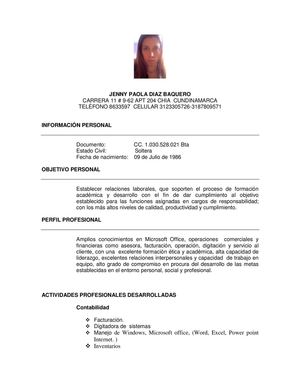 HOJA DE VIDA JENNY PAOLA DIAZ BAQUERO