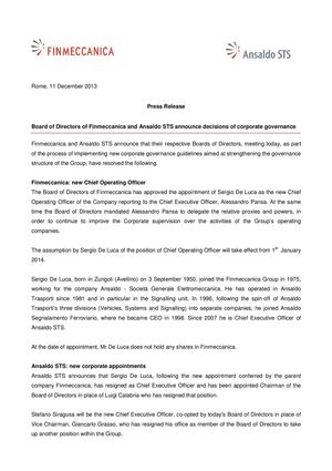 Board of Directors of Finmeccanica and Ansaldo STS announce decisions of corporate governance 