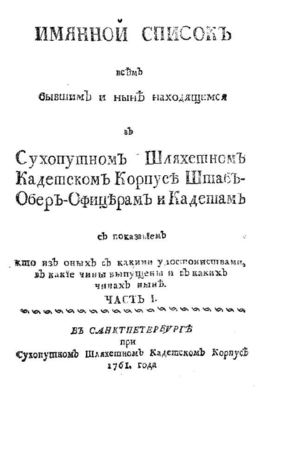 1761. Имянной список всем бывшим и ныне находящимся в Сухопутном Шляхетном Кадетском корпусе Штаб-Обер-офицерам и Кадетам. Часть 1.