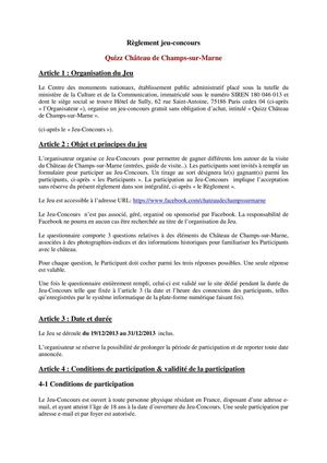 Règlement du jeu Facebook "Quizz - Château de Champs-sur-Marne"