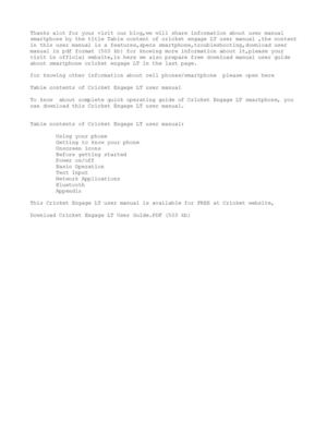  Table Contents Of Cricket Engage LT User Manual