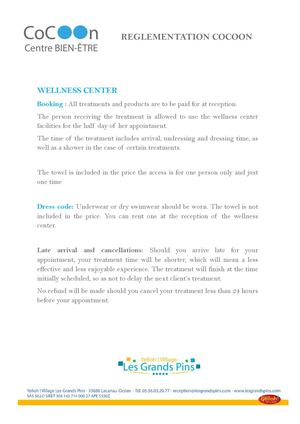 Reglementation Cocoon Wellness Center - Yelloh! Village - Les Grands Pins 
