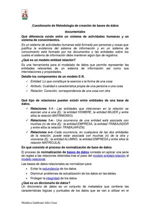 Cuestionario de Metodología de creación de bases de datos