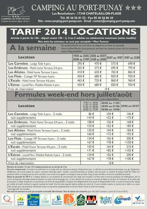 Tarifs 2014 Camping Au Port-Punay *** - Camping et Locations  - FR