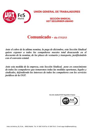 COMUNICADO SECCION SINDICAL UGT SEGURIBER-UMANO