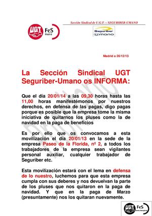 CONCENTRACION DE SECCION SINDICAL SEGURIBER UGT EN DEFENSA DE LO NUESTRO EL DIA 20/01/13 DE 9:30 A 11,00 HORAS