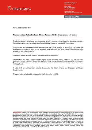 Finmeccanica: Poland selects Alenia Aermacchi M-346 advanced jet trainer