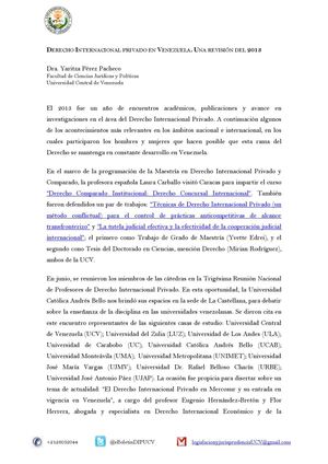 DERECHO INTERNACIONAL PRIVADO EN VENEZUELA. UNA REVISIÓN DEL 2013 por Yaritza Pérez Pacheco