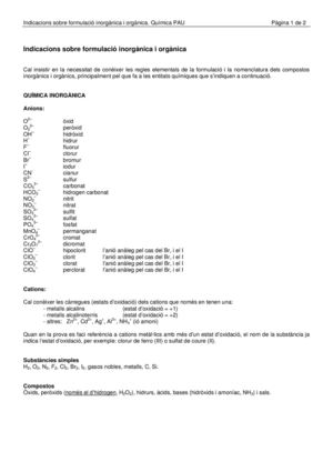 Indicacions sobre formulació orgànica i inorgànica per a les PAU 2013