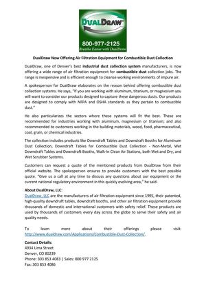 DualDraw Now Offering Air Filtration Equipment for Combustible Dust Collection