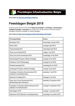 Feestdagen 2015 Belgie - Exacte datums op kalender