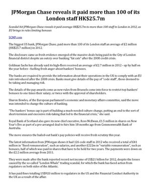 JPMorgan Chase reveals it paid more than 100 of its London staff HK$25.7m