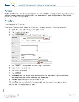 Quick Reference Guide - Adding an item in Livelink