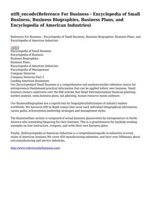 Reference For Business - Encyclopedia of Small Business, Business Biographies, Business Plans, and Encyclopedia of American Industries