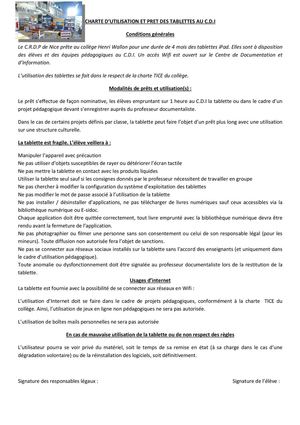 charte d'utilisation des tablettes sur le C.D.I