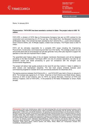 Finmeccanica: FATA EPC has been awarded a contract in Qatar.  The project value is USD 70 million.