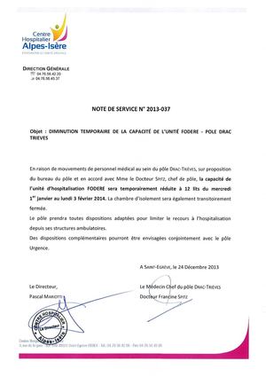 Note de Service de fermeture de lits de l'unité Fodéré