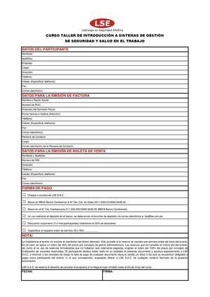 FICHA DE INSCRIPCIÓN - CURSO TALLER DE INTRODUCCIÓN A SISTEMAS DE GESTIÓN DE SEGURIDAD Y SALUD EN EL TRABAJO