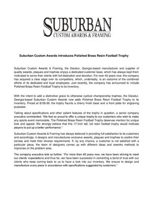 Suburban Custom Awards introduces Polished Brass Resin Football Trophy