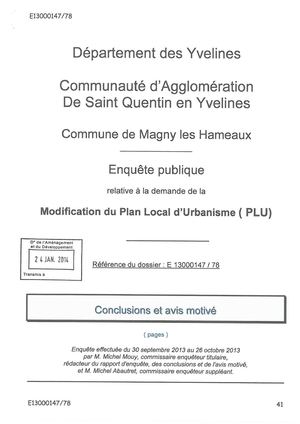 Conclusions et avis motivé du commissaire enquêteur sur la modification du PLU de Magny-les-Hameaux