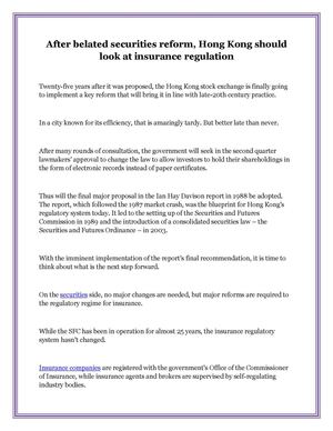 After belated securities reform, Hong Kong should look at insurance regulation