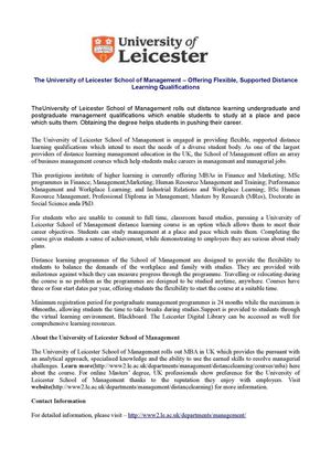 The University of Leicester School of Management – Offering Flexible, Supported Distance Learning Qualifications