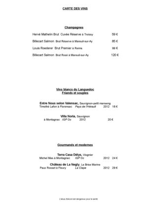 Cartes des Vins du restaurant le St Georges à Palavas