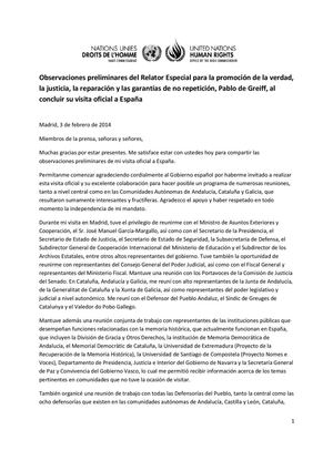 Adjunto observaciones preliminares del Relator Especial para la promoción de la verdad, la justicia, la reparación y las garantías de no repetición, Pablo de Greiff, al concluir su visita oficial a España