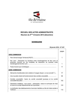 Ille-et-Vilaine - Recueil N° 451 : délibérations de l'Assemblée - Session du 4ème trimestre 2013 (décembre)