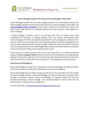 Reverse Mortgage Calculator FHA Announces Reverse Mortgage in Plain English