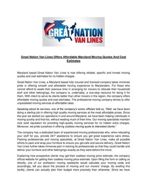 Great Nation Van Lines Offers Affordable Maryland Moving Quotes And Cost Estimates