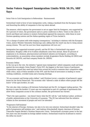 Swiss Voters Support Immigration Limits With 50.3%, SRF Says