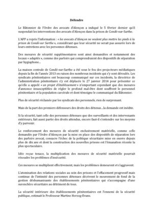 Communiqué du réseau d'Avocats en Droit pénitentiaire