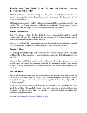 Electric three Phase Motor Repair Services and Common problems Encountered with a Motor
