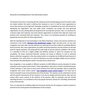 Necessities of Installing Biometric Face Identification System 