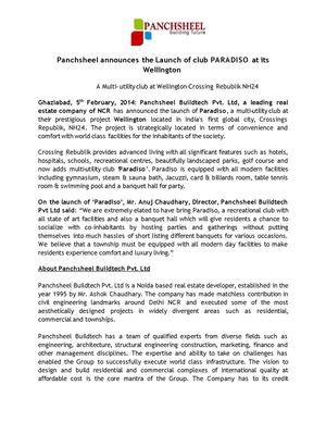 Panchsheel announces the Launch of club PARADISO at its Wellington 