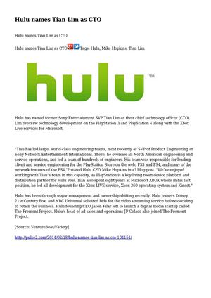 Hulu names Tian Lim as CTO