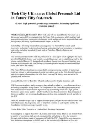 Tech City UK names Global Personals Ltd in Future Fifty fast-track