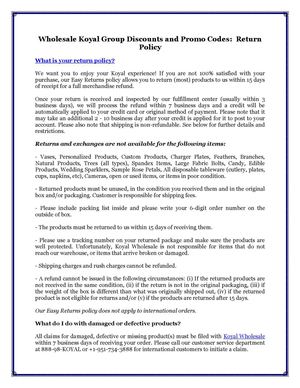 Wholesale Koyal Group Discounts and Promo Codes:  Return Policy