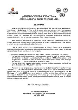 Carta COVISA de orientação aos pet shops/lei 14483/07