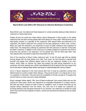 Nazrul Brick Lane Offers 20% Discount on Advance Booking to Customers