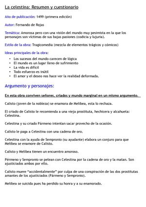 Celestina cuestionario y resumen