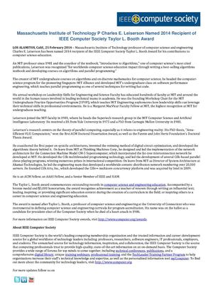 Charles Leiserson of MIT Recipient of 2014 Booth Award