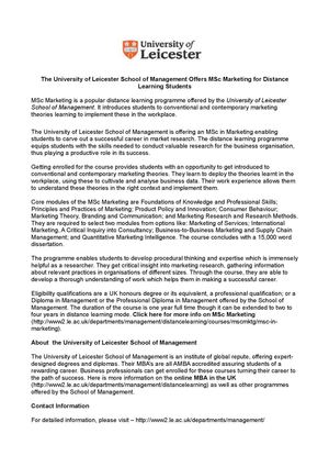 The University of Leicester School of Management Offers MSc Marketing for Distance Learning Students