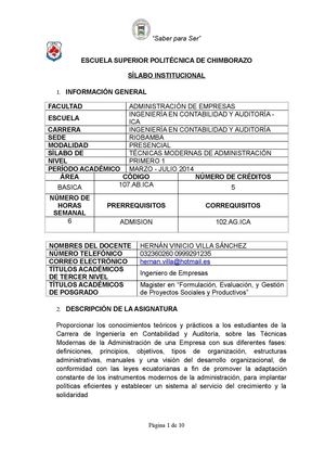 SILABO DE TECNICAS MODERNAS DE LA ADMINISTRACION